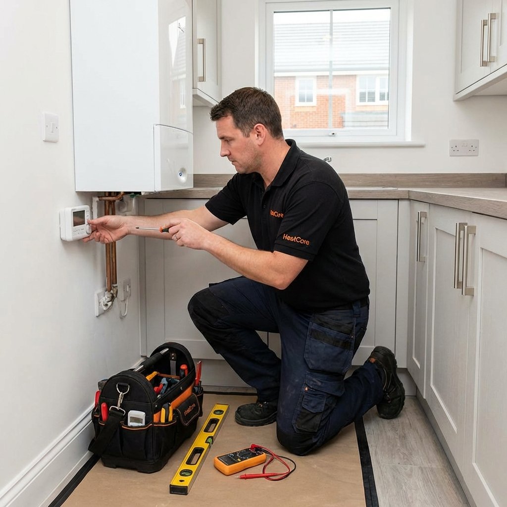 HeatCore Heating Technician Installing Thermostat with New Boiler